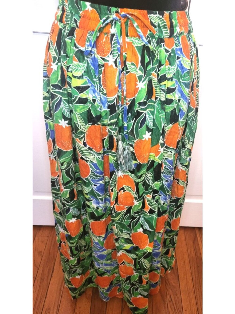 Gypsie Blu Orange Green "Orange" Print Maxi Skirt L Elastic Boho Travel Italy